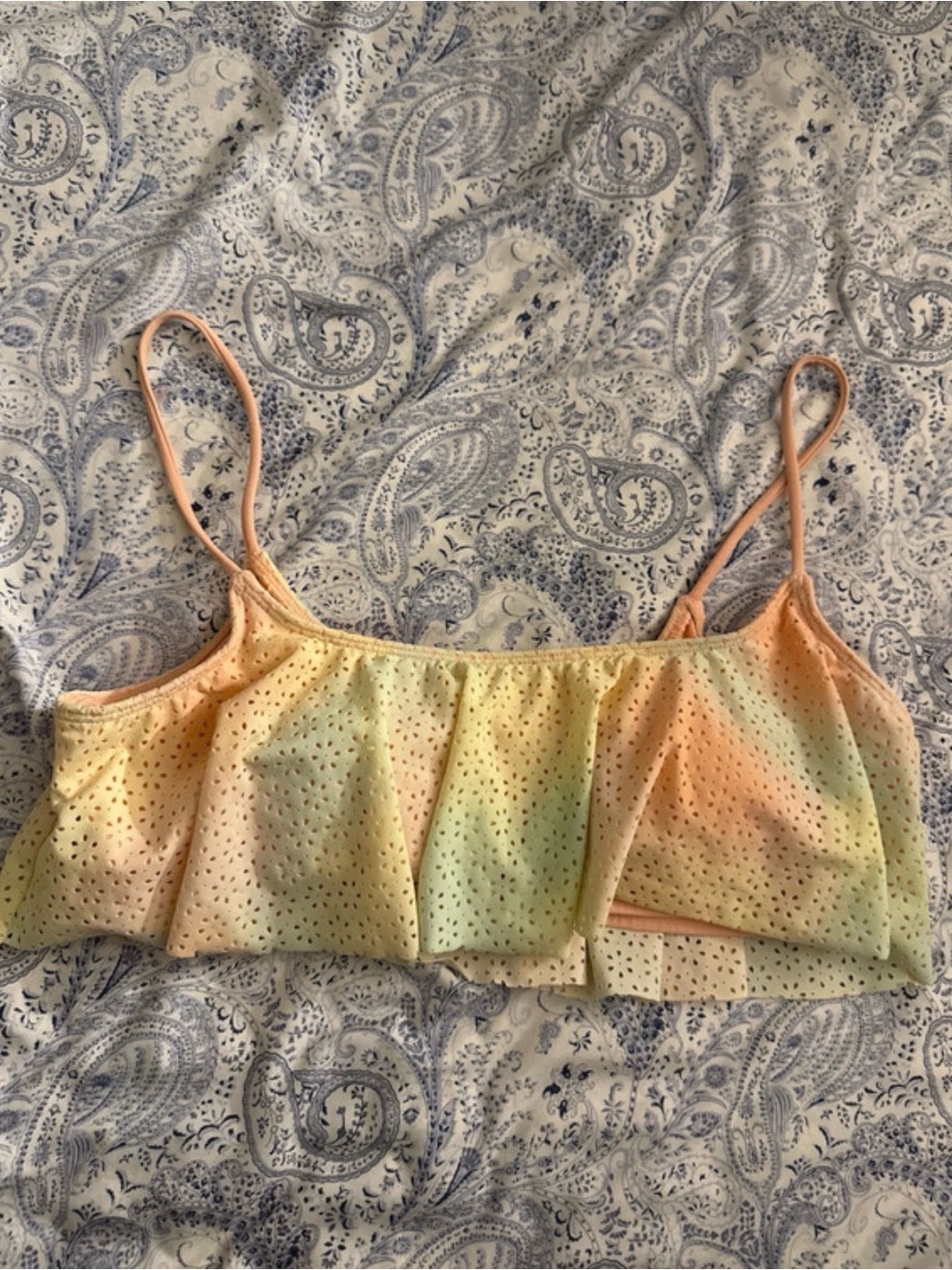 Women's Pastel Tie-Dye Eyelet Ruffle Swim Top